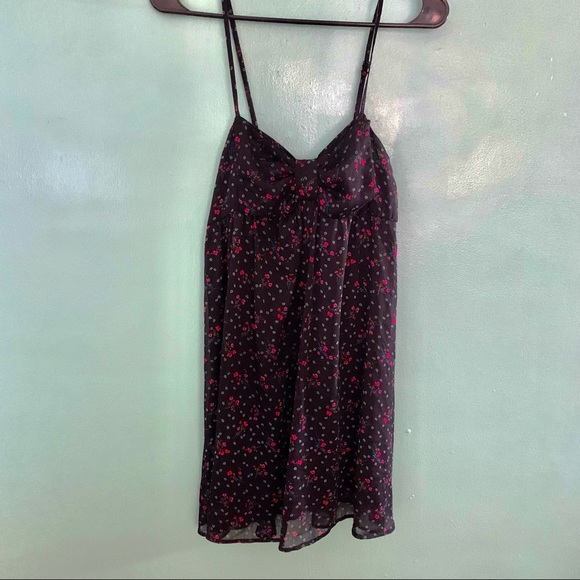 Ditzy Black Baby Doll Dress Red and Green Floral Print - Picture 4 of 5